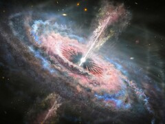 Un'illustrazione che mostra un buco nero e un quasar.