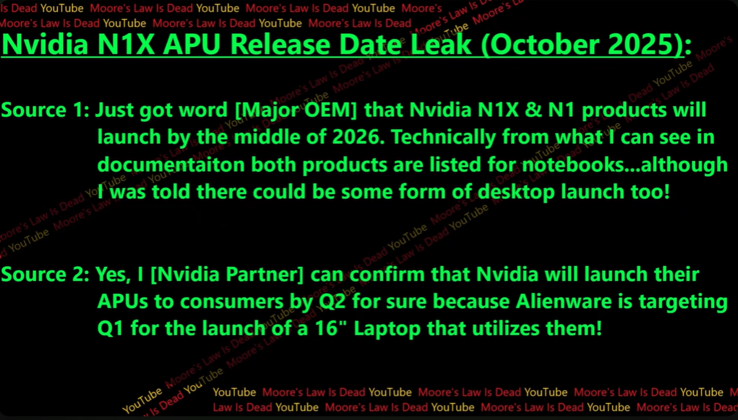 Voci sulla data di uscita di Nvidia N1X. (Fonte immagine: Moore's Law Is Dead su YouTube)