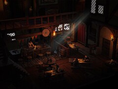 Un'immagine che mostra una taverna con personaggi di Wartales.