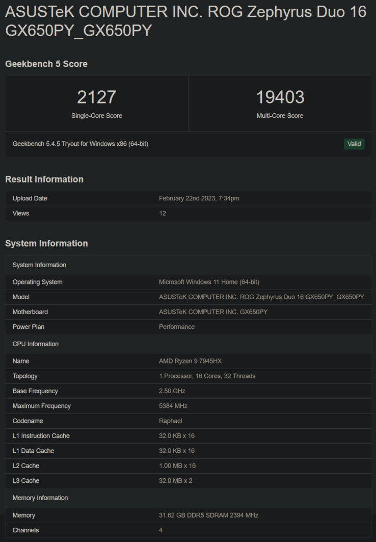 AMD Ryzen 9 7945HX su Geekbench (immagine via Geekbench)
