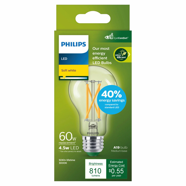 Lampadina Philips Ultra Efficient LED 60W A19, bianco tenue (fonte: Philips)