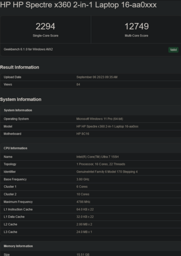 Ultra 7 155H (fonte immagine: Geekbench)