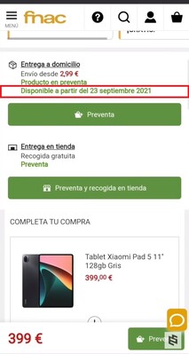 Data di disponibilità dello Xiaomi Pad 5. (Fonte: Fnac via eSavants)