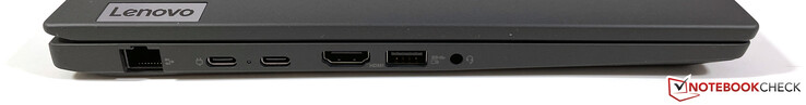A sinistra: Gigabit Ethernet, 2x USB-C 3.2 Gen.2 (10 GBit/s, DisplayPort modalità ALT 1.4, Power Delivery), HDMI 2.0, USB-A 3.2 Gen.1 (5 GBit/s, alimentato), 3,5 mm stereo