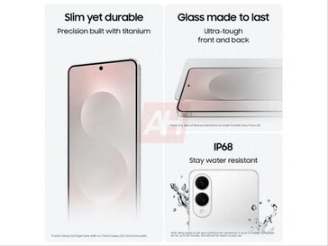 Galaxy L'immagine trapelata del prodotto S25 Edge mostra la resistenza all'acqua IP68, il design in titanio e vetro. (Fonte immagine: Android Headlines)