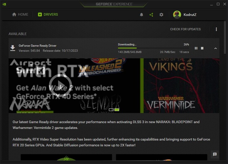 Scaricare il driver Nvidia GeForce Game Ready Driver 545.84 in GeForce Experience (Fonte: Proprio)