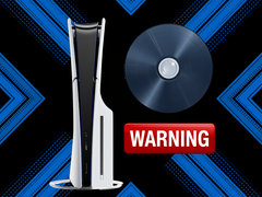 Console PS5 raffigurata accanto a un disco e a un adesivo di avvertenza