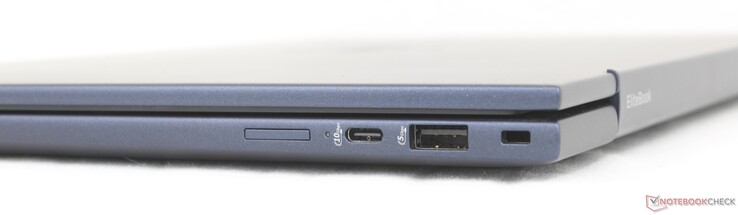 A destra: Slot Nano-SIM (opzionale), USB-C 10 Gbps con Power Delivery + DisplayPort 1.4, USB-A 5 Gbps, Blocco Nobile