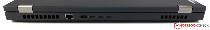 Indietro: RJ45 (2,5 Gb/s), alimentazione (punta sottile), 2x Thunderbolt 4 (40 Gb/s, DisplayPort ALT Mode 1.4, Power Delivery 3.0), USB-C 3.2 Gen 2 (10 Gb/s, DisplayPort ALT Mode alimentazione 1.4, Power Delivery)