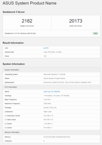 Intel Core i9-12900KS su Geekbench. (Fonte: Geekbench)