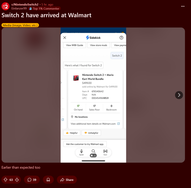 Livelli di stock di Nintendo Switch 2 Walmart (Fonte: subreddit Nintendo Switch 2)