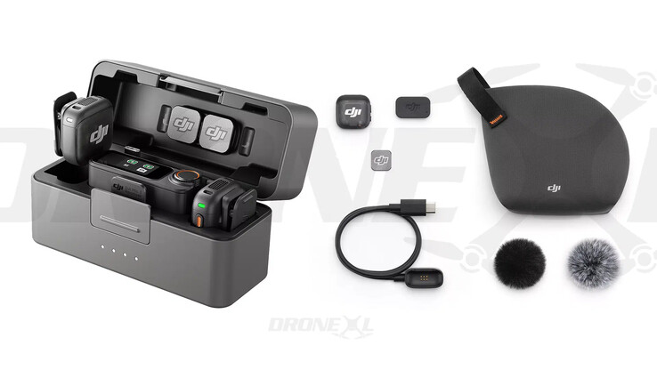 Il Mic 3 con la sua custodia di ricarica, il trasmettitore e gli accessori associati. (Fonte immagine: via DroneXL &amp; Jasper Ellens)