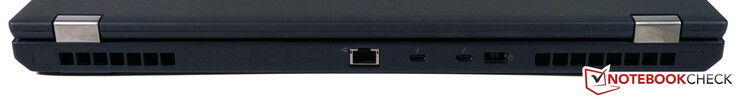 Lato posteriore: RJ45-LAN, 2x Thunderbolt 3 (USB type-C 3.1 Gen 2 con alimentazione & DisplayPort), adattatore SlimTip AC