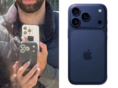 Confronto laterale che mostra una presunta unità di prova di iPhone 17 Pro fotografata in pubblico (a sinistra) e un primo piano dello stesso prototipo in una custodia di sviluppo blu (a destra), con un nuovo layout della fotocamera posteriore. (@Skyfops su X , precedentemente Twitter)