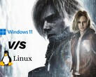 Illustrazione di Resident Evil Requiem con grafico di confronto tra Windows 11 e Linux.