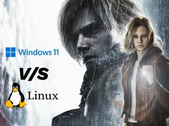 Illustrazione di Resident Evil Requiem con grafico di confronto tra Windows 11 e Linux.