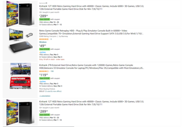Oltre alle app di emulazione, Amazon consente la vendita di dischi rigidi preinstallati con ROM di giochi retrò ed emulatori sul sito. (Immagine: screenshot di Amazon.com)
