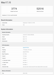 Punteggio Geekbench 7 dell’Apple M5 Ultra