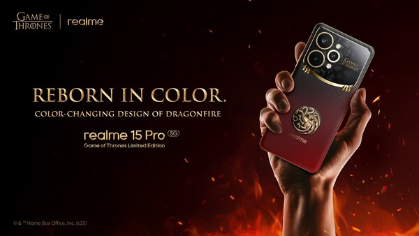 Il Realme 15 Pro Game of Thrones Limited Edition passa dal nero al rosso quando la temperatura sale. (Fonte: Realme)