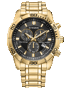 Cronografo Citizen Classic Eco-Drive con quadrante nero, cassa e bracciale in acciaio inossidabile da 44 mm color oro, lunetta fissa da 60 minuti, tre contatori e datario.