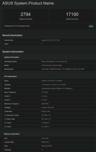 Punteggi Geekbench dell'Intel Core i5-14600KF (immagine via Geekbench)