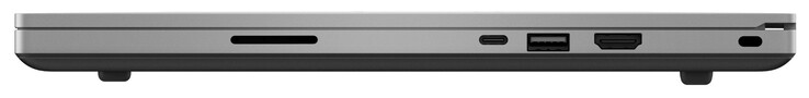 A destra: Lettore di schede SD, una porta Thunderbolt 3, una porta USB 3.2 Gen 2 Type-A, uscita HDMI, slot di sicurezza Kensington