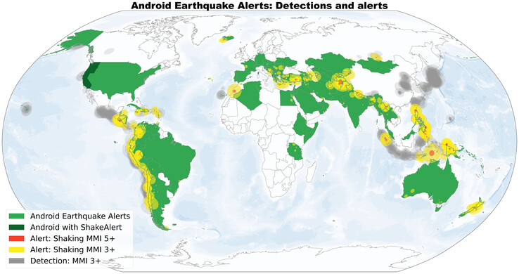 Mappa dei Paesi in cui il sistema di allerta sismica Android è attualmente in funzione. (Fonte immagine: Science/Google)