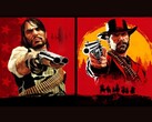 John Marston e Arthur Morgan di Red Dead Redemption puntano le pistole verso lo spettatore su sfondi rossi e gialli (fonte: Rockstar Games)