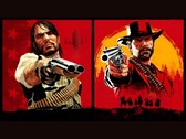 John Marston e Arthur Morgan di Red Dead Redemption puntano le pistole verso lo spettatore su sfondi rossi e gialli (fonte: Rockstar Games)
