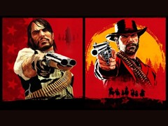 John Marston e Arthur Morgan di Red Dead Redemption puntano le pistole verso lo spettatore su sfondi rossi e gialli (fonte: Rockstar Games)