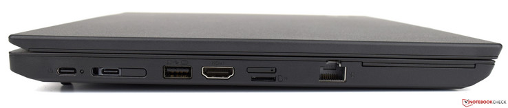 Sinistra: 2x USB 3.1 Type-C Gen 1, Docking-Port, USB 3.0 Gen 1, HDMI 1.4b, nano-SIM, microSD card reader, Ethernet
