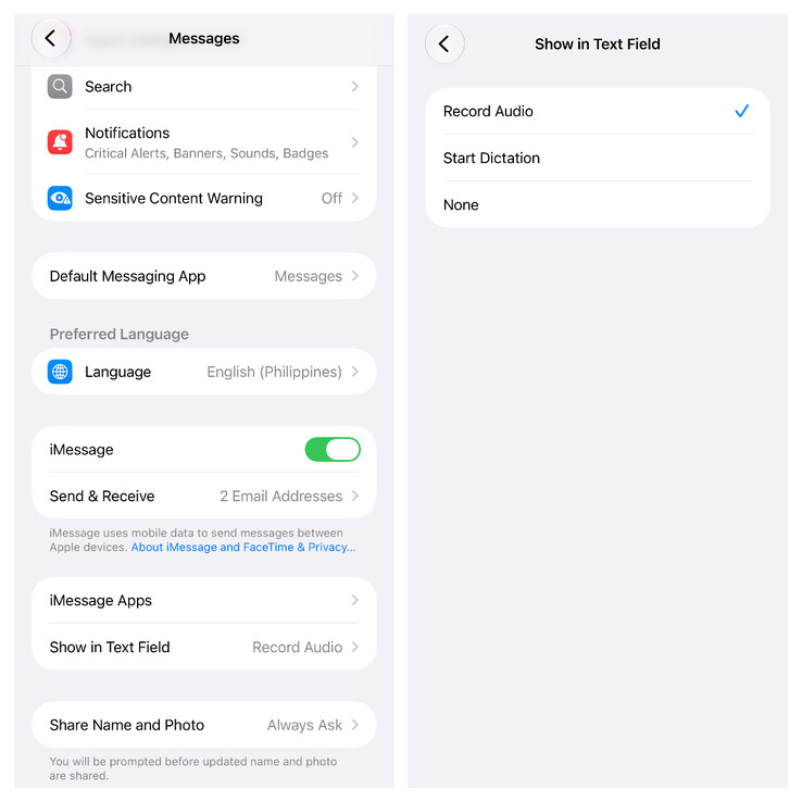 Il nuovo pulsante di attivazione/disattivazione «Mostra nel campo di testo» in Apple Messages per nascondere il pulsante di dettatura