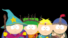 I ragazzi si preparano per la battaglia in South Park: Il Bastone della Verità, ognuno indossa il proprio ruolo di fantasia - mago, druido, paladino e guerriero (Fonte immagine: via South Park Wiki / Fandom, caricato da Gastropod - © Ubisoft / South Park Digital Studios)