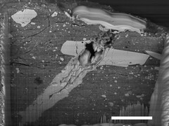 Un'immagine al microscopio elettronico a scansione di un cratere da impatto di un micrometeorite in una particella di materiale dell'asteroide Bennu (Fonte immagine: NASA, e Zia Rahman)
