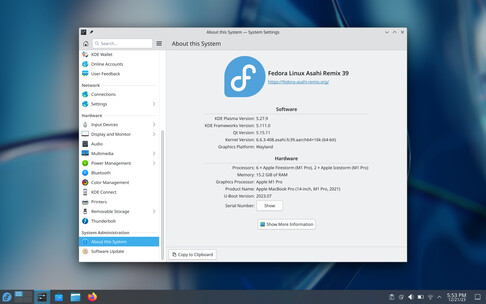 Il desktop KDE Plasma di Fedora 39 Asahi Remix (Immagine: Asahi Blog).