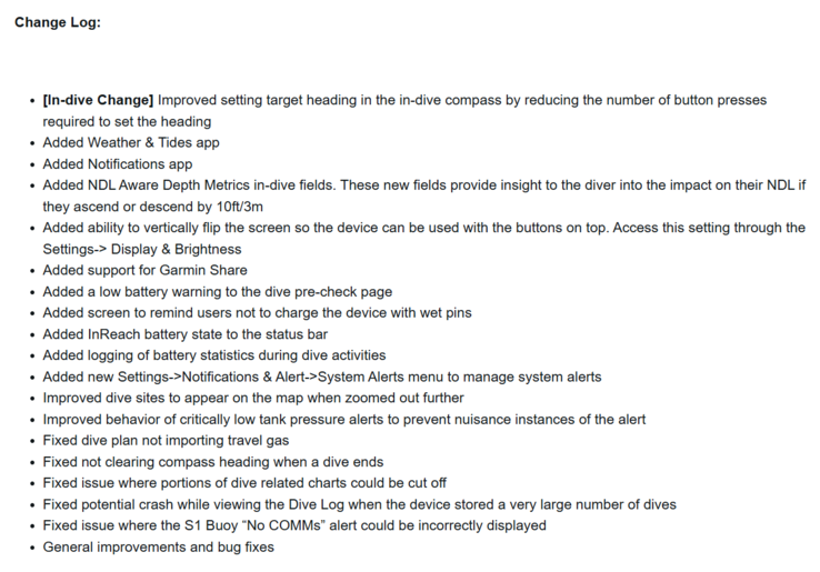 Il registro delle modifiche per il software di sistema 4.05 per il Garmin Descent X50i. (Fonte: Garmin)
