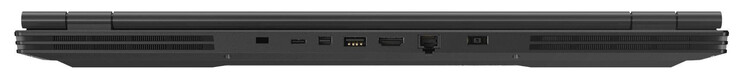 Lato posteriore: slot Cable lock, USB 3.2 Gen 1 (Type-C), Mini Displayport 1.4, USB 3.2 Gen 1 (Type-A), HDMI 2.0, Gigabit Ethernet, Adattatore AC