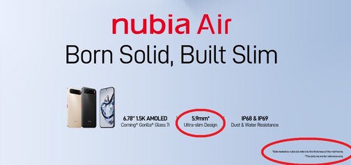 I 6,7 mm di questa immagine promozionale di Nubia Air hanno una nota a piè di pagina