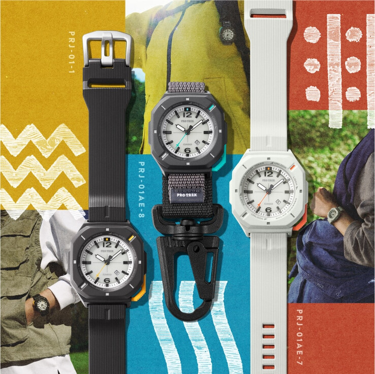 Il Casio Pro Trek PRJ-01-1J, il PRJ-01AE-8J e il PRJ-01AE-7J (da sinistra a destra)