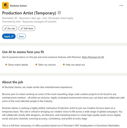 LinkedIn mostra l'annuncio di lavoro di Rockstar Games per artista di produzione