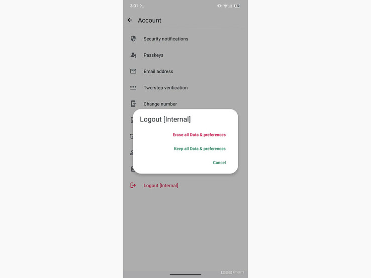 Una schermata dell'ultima beta di WhatsApp che mostra la nuova opzione Logout [Interno]. (Fonte immagine: Android Authority)