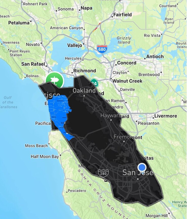 Mappa della Bay Area georeferenziata Tesla Robotaxi vs Waymo. (Fonte: Joe Tegtmeyer/X)