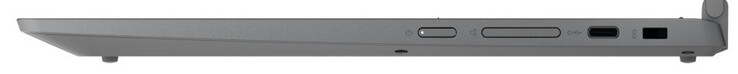 Lato destro: pulsante di accensione, controllo del volume, una porta USB 3.2 Gen 1 Type-C (DisplayPort, Power Delivery), slot di sicurezza Kensington