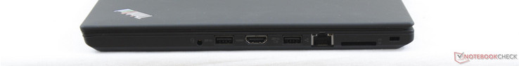 Lato destro: jack audio combinato 3.5 mm, 2x USB 3.0, HDMI 1.4, Gigabit Ethernet, lettore di schede SD, lock Kensington