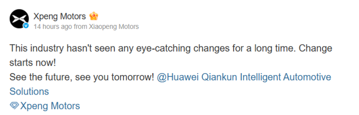 XPeng ribadisce la sua collaborazione con Huawei su Weibo (Fonte: Weibo).