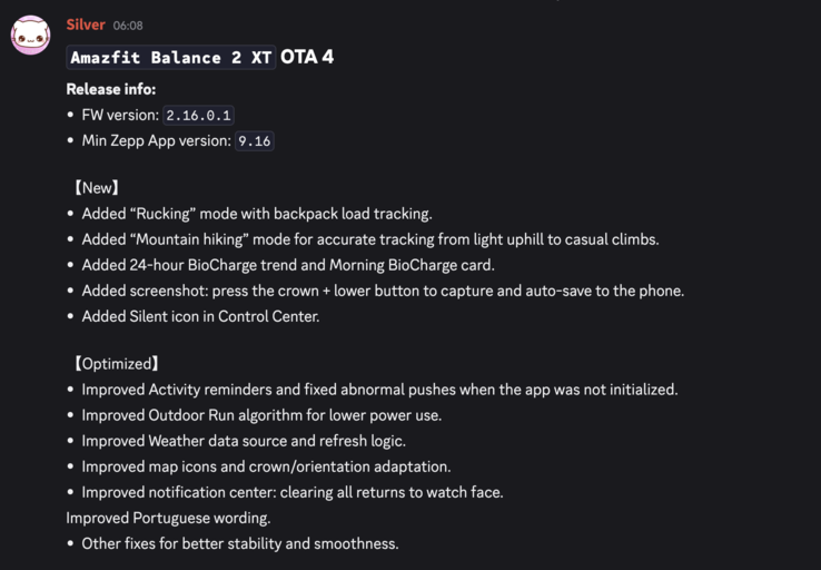 Il registro delle modifiche per la versione firmware 2.16.0.1 per Amazfit Balance 2 XT 
