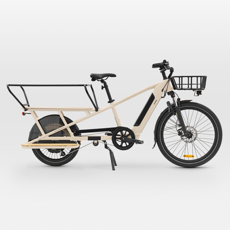 La bicicletta elettrica Cargo Bike BTWIN Longtail R500E di Decathlon in beige.  (Fonte: Decathlon)