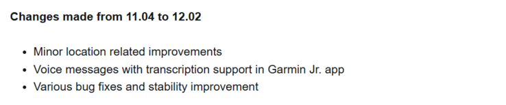 Le note di rilascio della versione software 12.02 per lo smartwatch Garmin Bounce. (Fonte: Garmin)