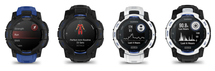 Da sinistra a destra: gli orologi Garmin Instinct 3 45 mm AMOLED, 50 mm AMOLED, 45 mm Solar e 50 mm Solar Supernova Collection. (Fonte: Garmin, a cura di)