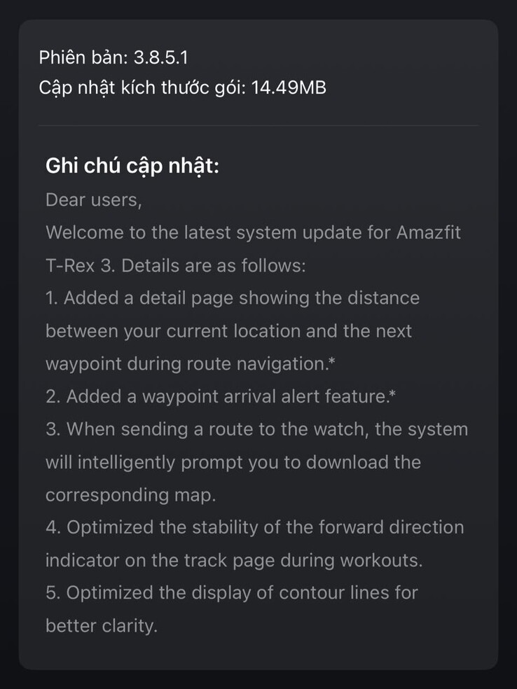 Le note di rilascio per la versione software 3.8.5.1 per lo smartwatch Amazfit T-Rex 3. (Fonte immagine: Lương Nguyên Long via Facebook)